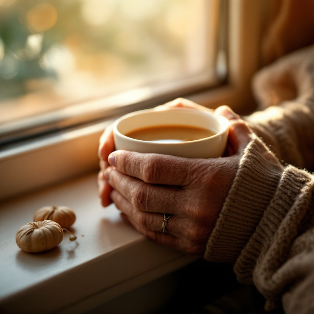 따뜻한 차를 손에 쥐고 햇살이 드는 창가에 앉아있는 모습, 편안하고 안정된 분위기