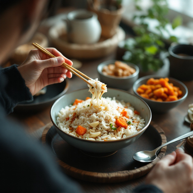 식사 자리에서 반찬을 뜨는 모습